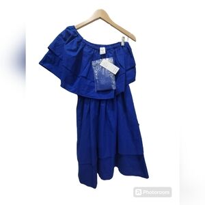 NWT BOUTIQUE Off One Shoulder Royal Blue Midi Ruffled Dress 100 Cotton